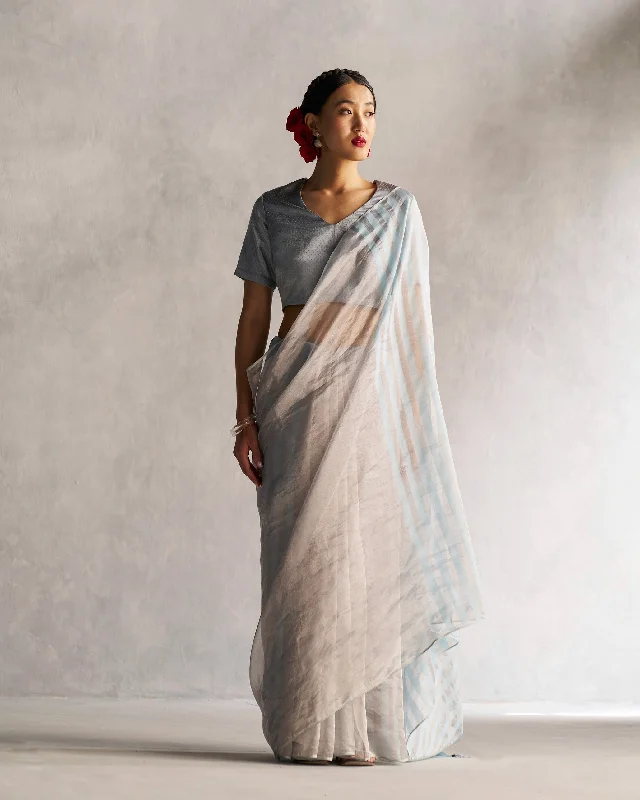 Zari Stripe Sari - Silver & Blue