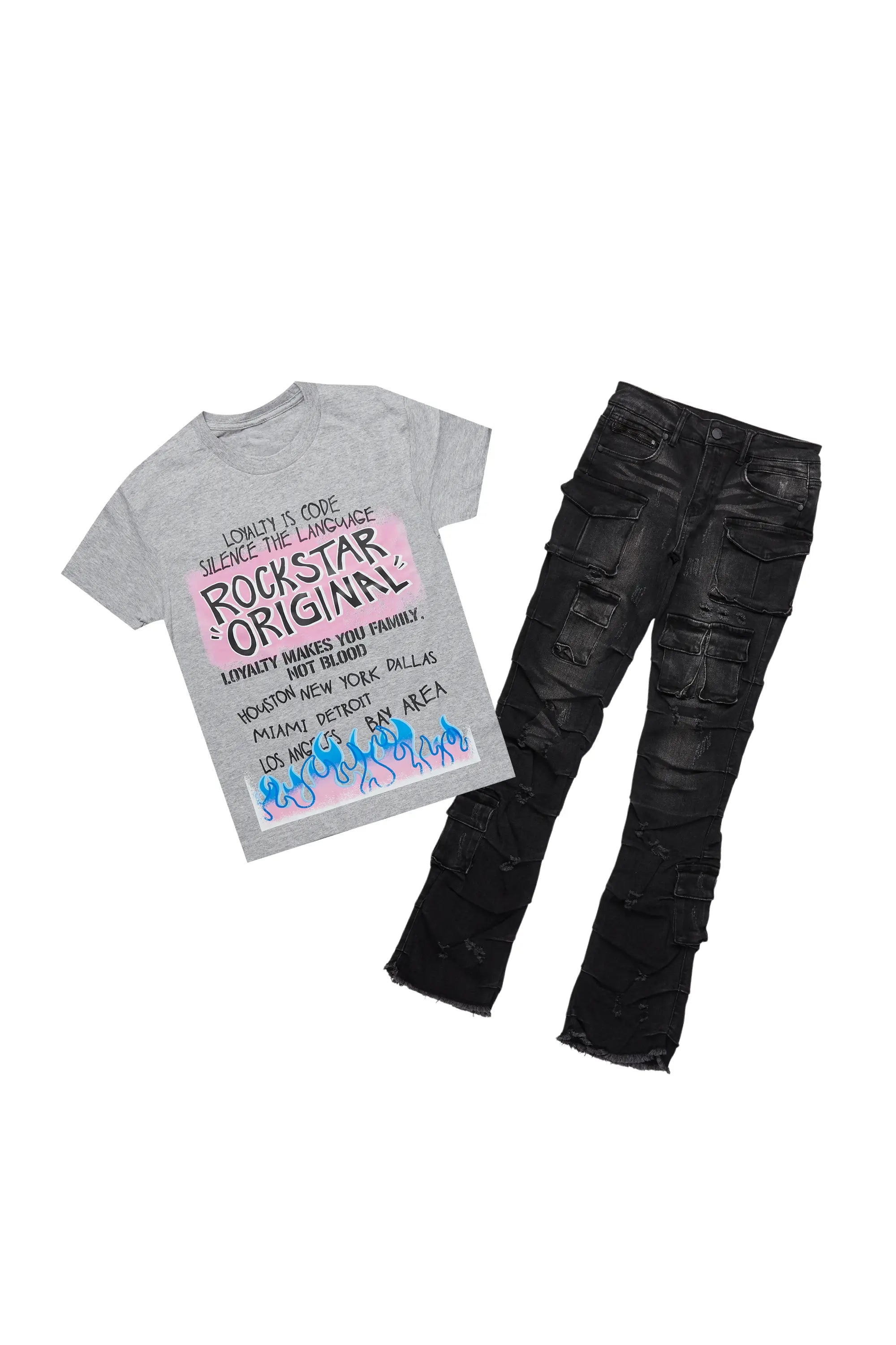 Boys Beno Grey T-Shirt/Stacked Flare Jean Set