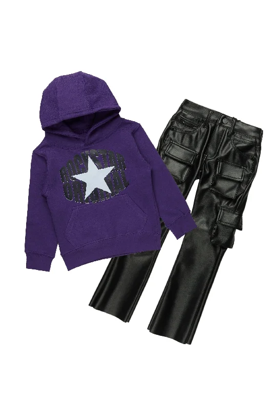 Boys Dagan Purple Hoodie/Stacked Flare PU Jean Set