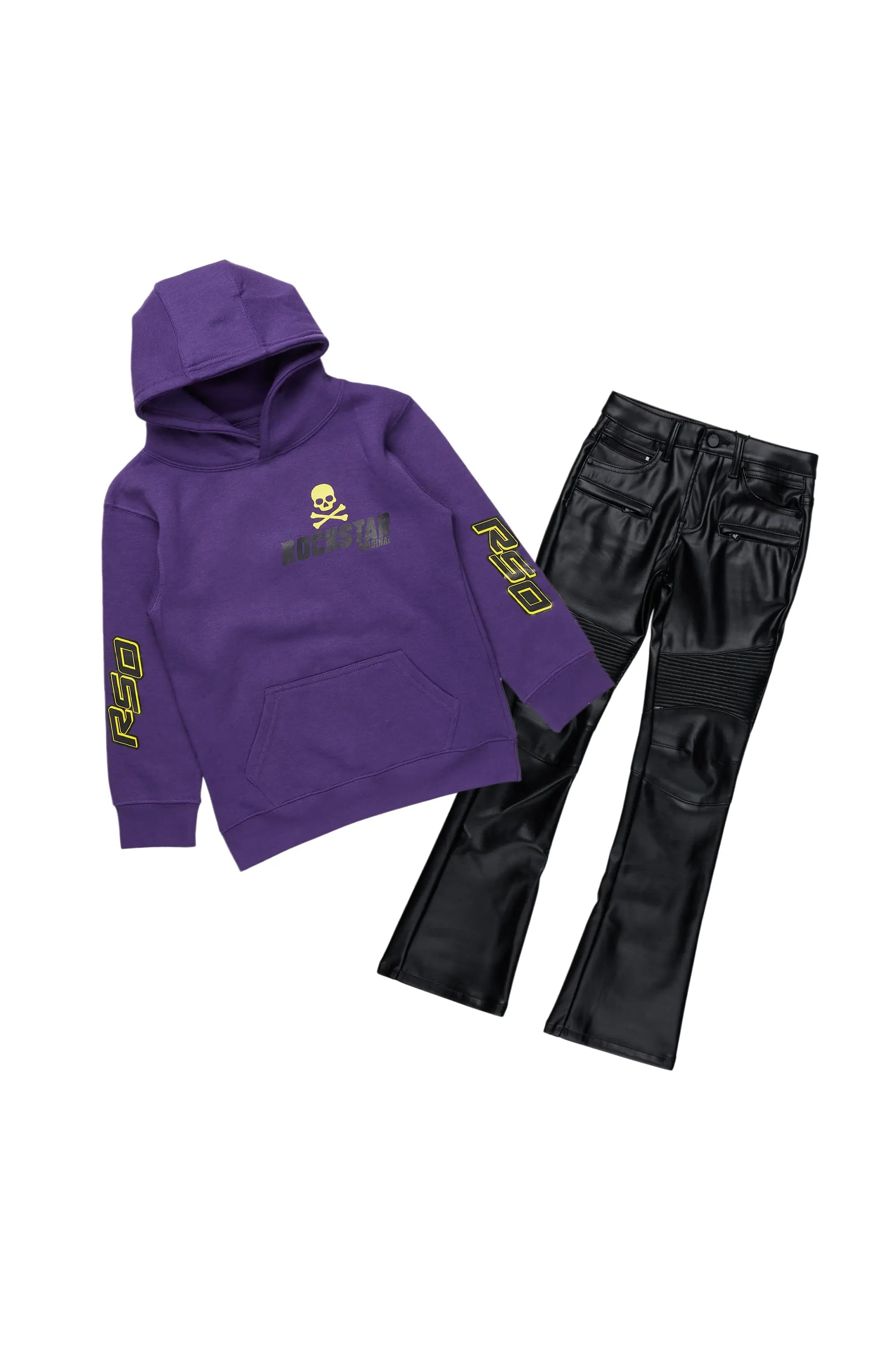 Boys Damek Purple Hoodie/Stacked Flare PU Jean Set