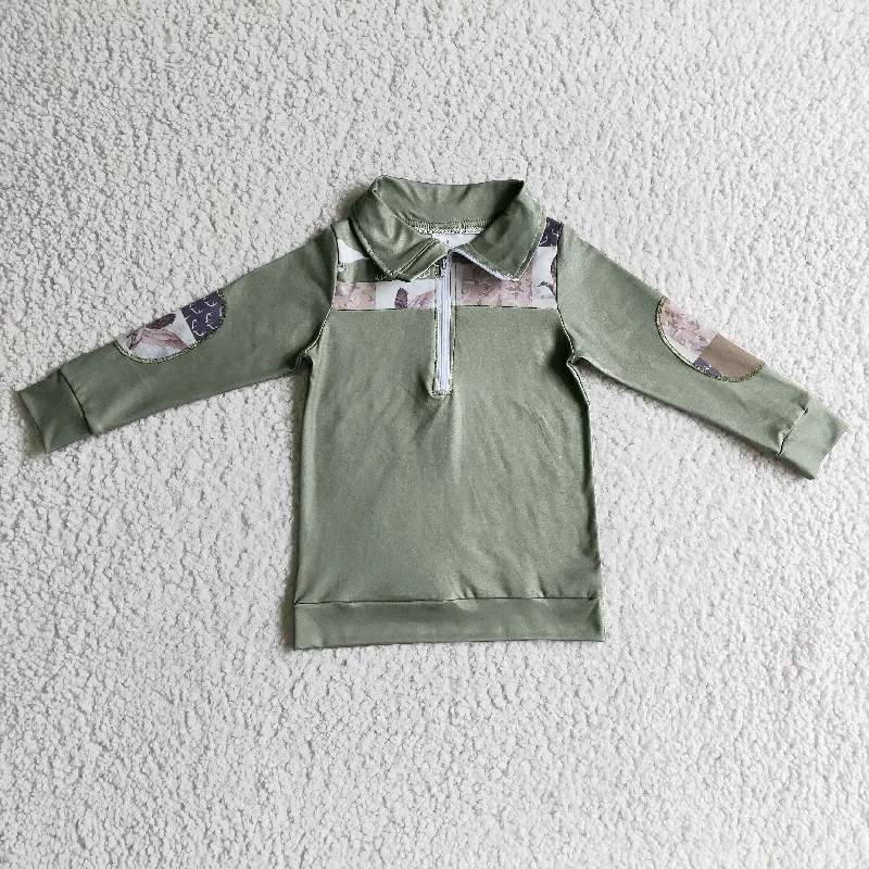 promotion BT0103 Green Plaid Deer Duck Camo  Boys Long Sleeve Top Collar Polo Pullover T-Shirts