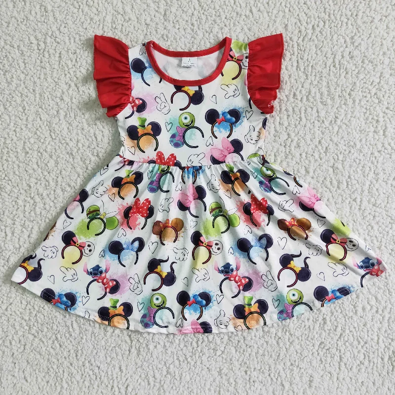 GSD0011 Red Cartoon Girls Flutter Sleeve Dresses