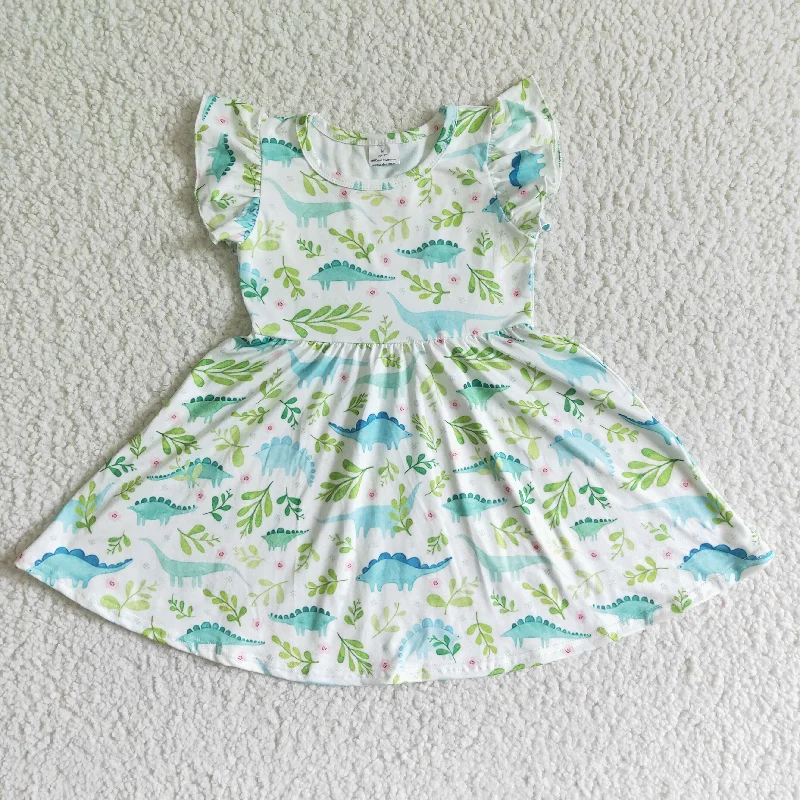 promotion A0-9 RTS Green Dinosaur Girls Flutter Sleeve Dresses