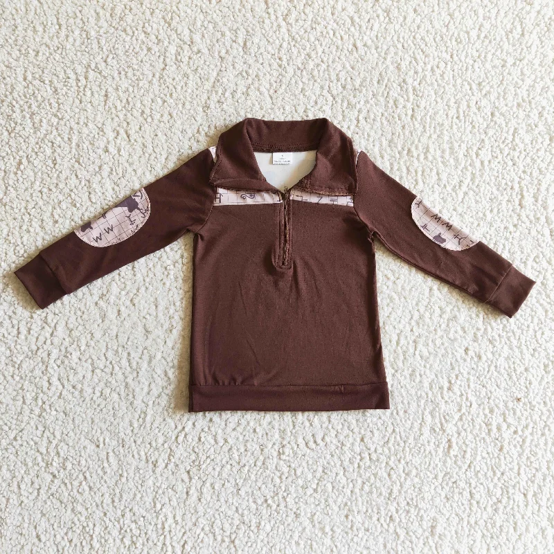 BT0107 Brown Cow Western Boys Long Sleeve Top Collar Polo Pullover T-Shirts