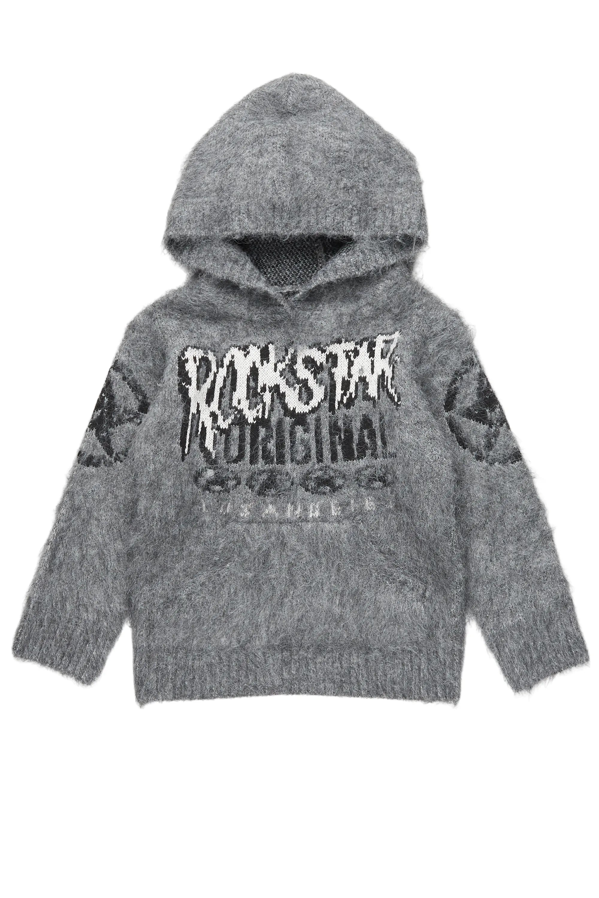 Boys Wizzurd Grey Graphic Knitted Mohair Hoodie