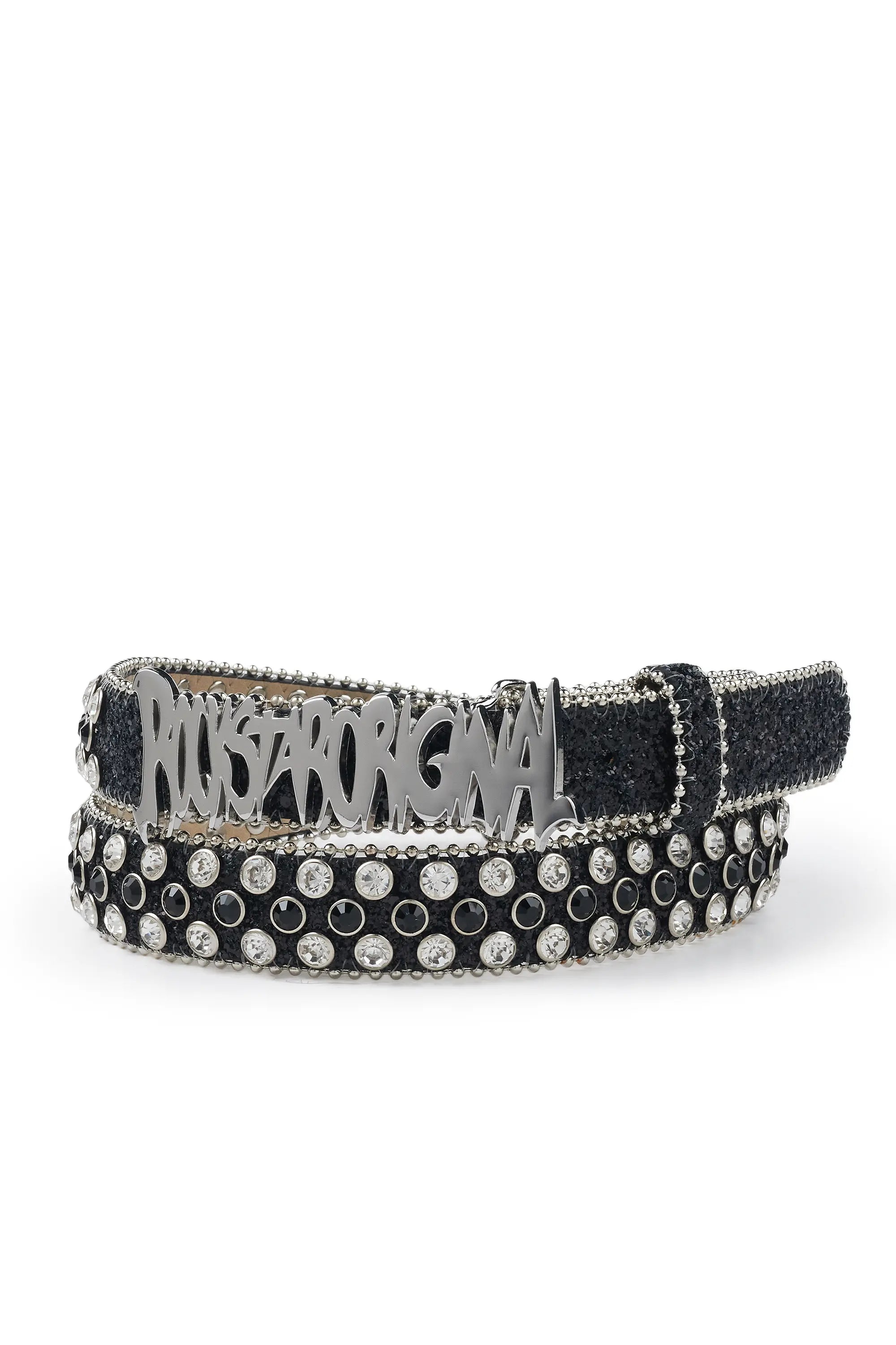 Tedros Rhinestone Black/Silver Rockstar Logo Narrow Belt