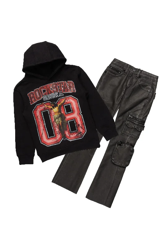 Boys Fields Black/Red Hoodie/Stacked Flare PU Jean Set