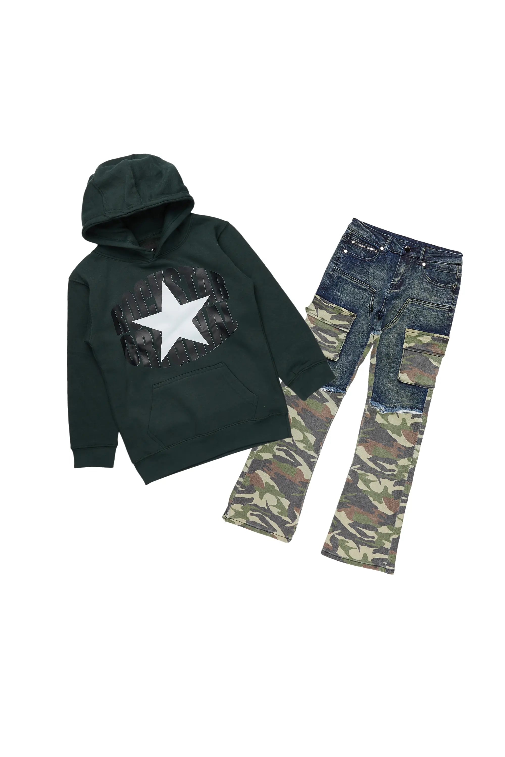 Boys Cannan Green Hoodie/Stacked Flare Jean Set