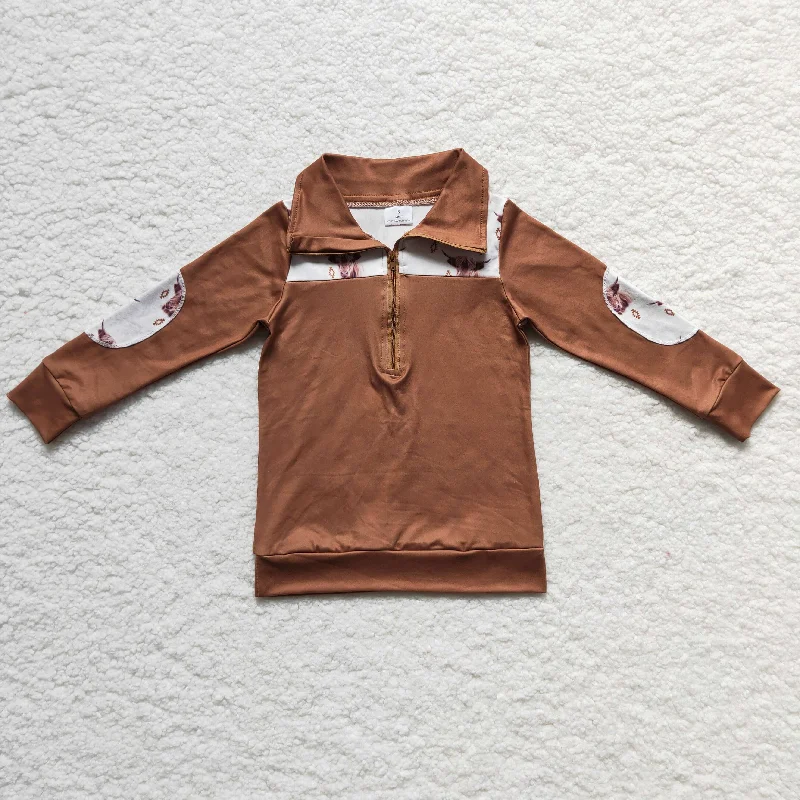 promotion BT0104 Brown Highland Cow Western Boys Long Sleeve Top Collar Polo Pullover T-Shirts