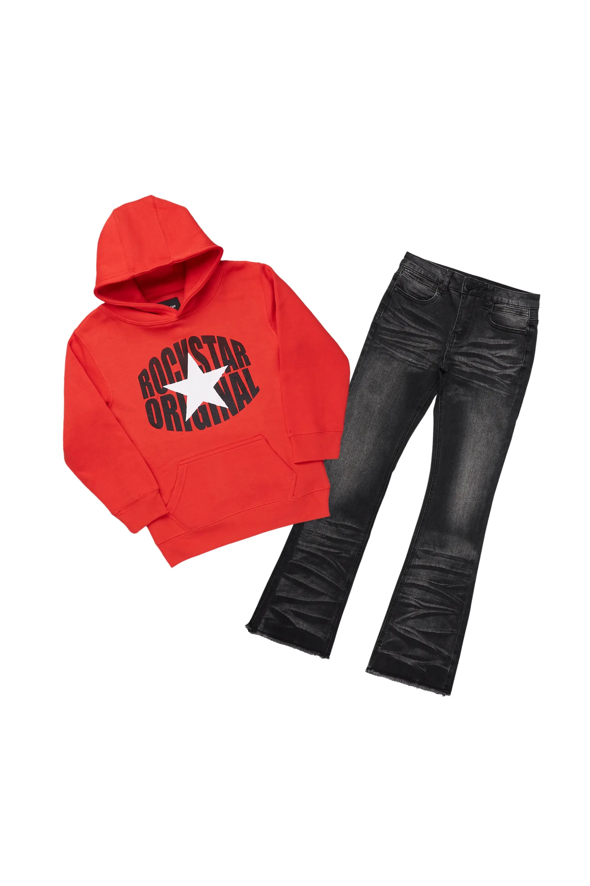 Boys Red Damber Hoodie/Stacked Flare Jean Set