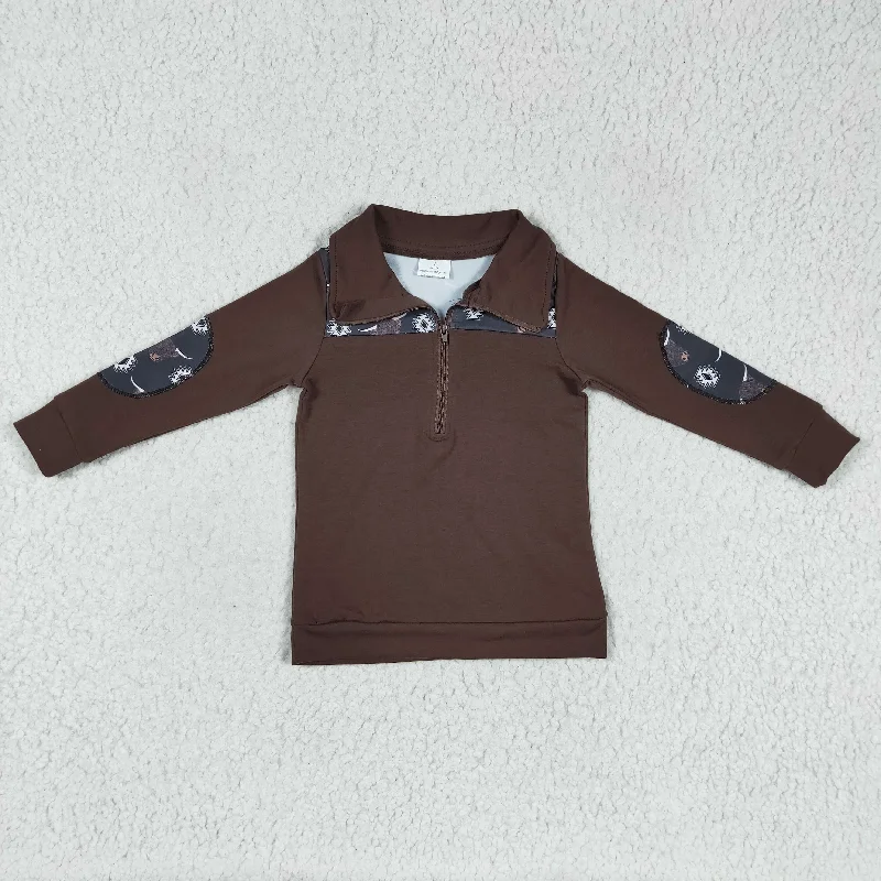 promotion BT0115 Brown Highland Cow Western Boys Long Sleeve Top Collar Polo Pullover T-Shirts