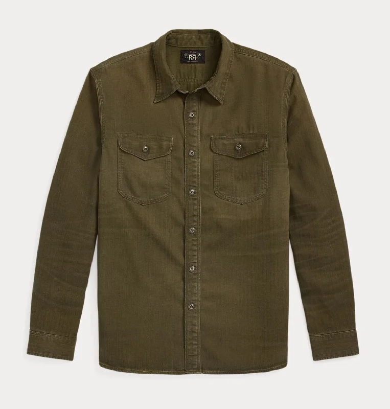 Double RL - Garment-Dyed Herringbone Twill Workshirt - Dark Olive