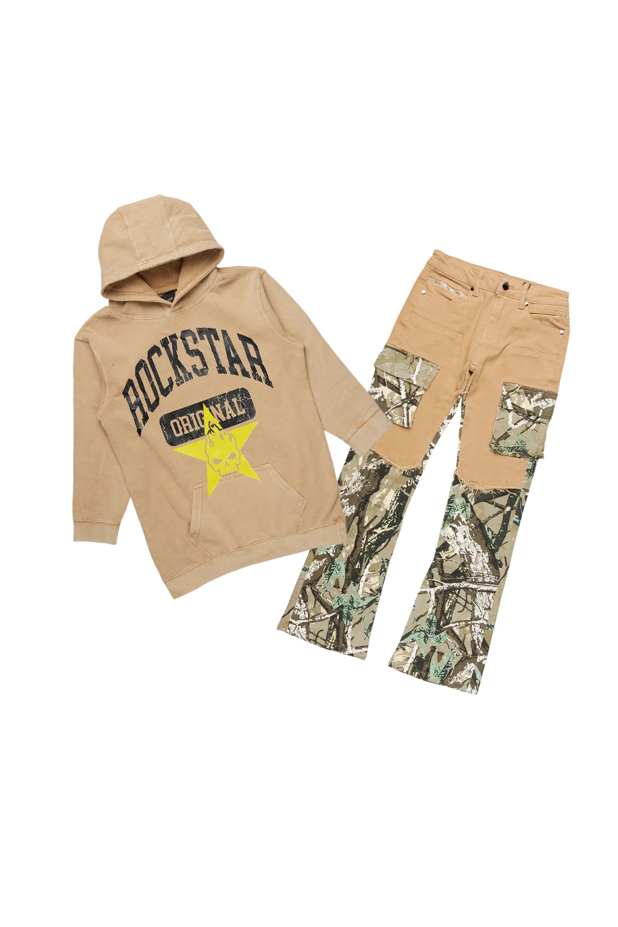 Boys Cabo Vintage Beige Hoodie/Stacked Flare Jean Set