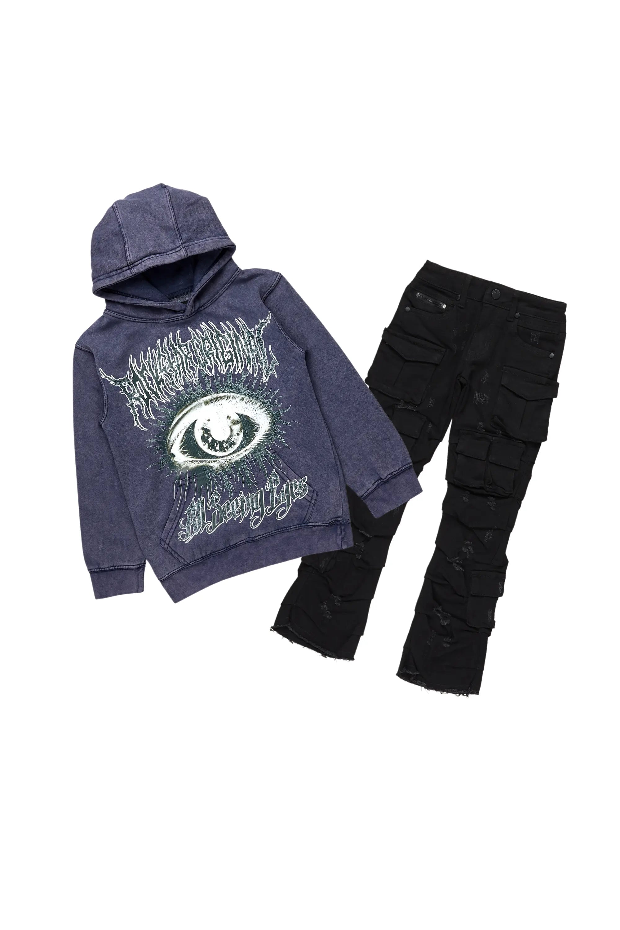 Boys All Eyes Vintage Navy Hoodie/Stack Flare Jean Set