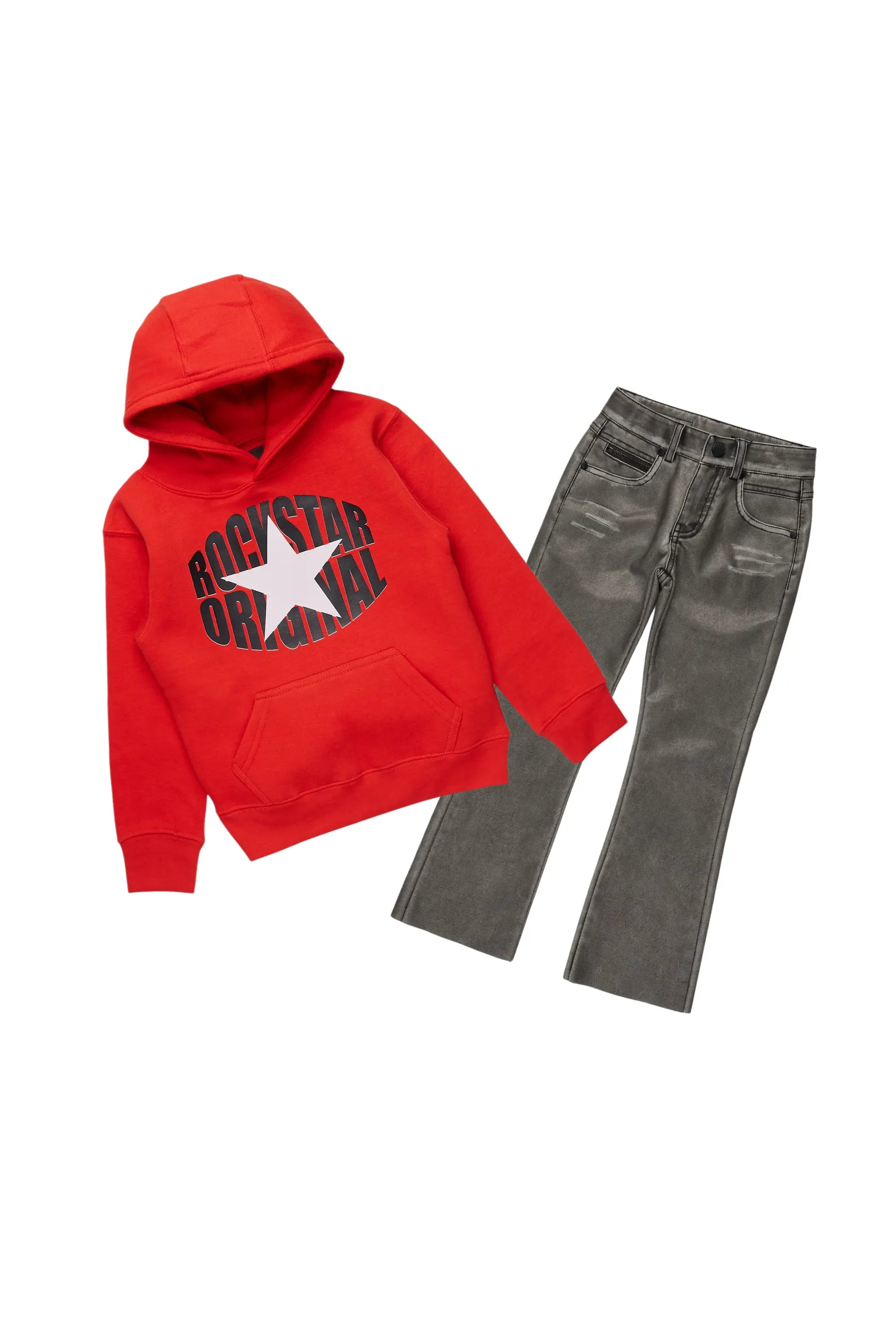 Boys Pablo Red Hoodie/Stack Flare PU Jean Set