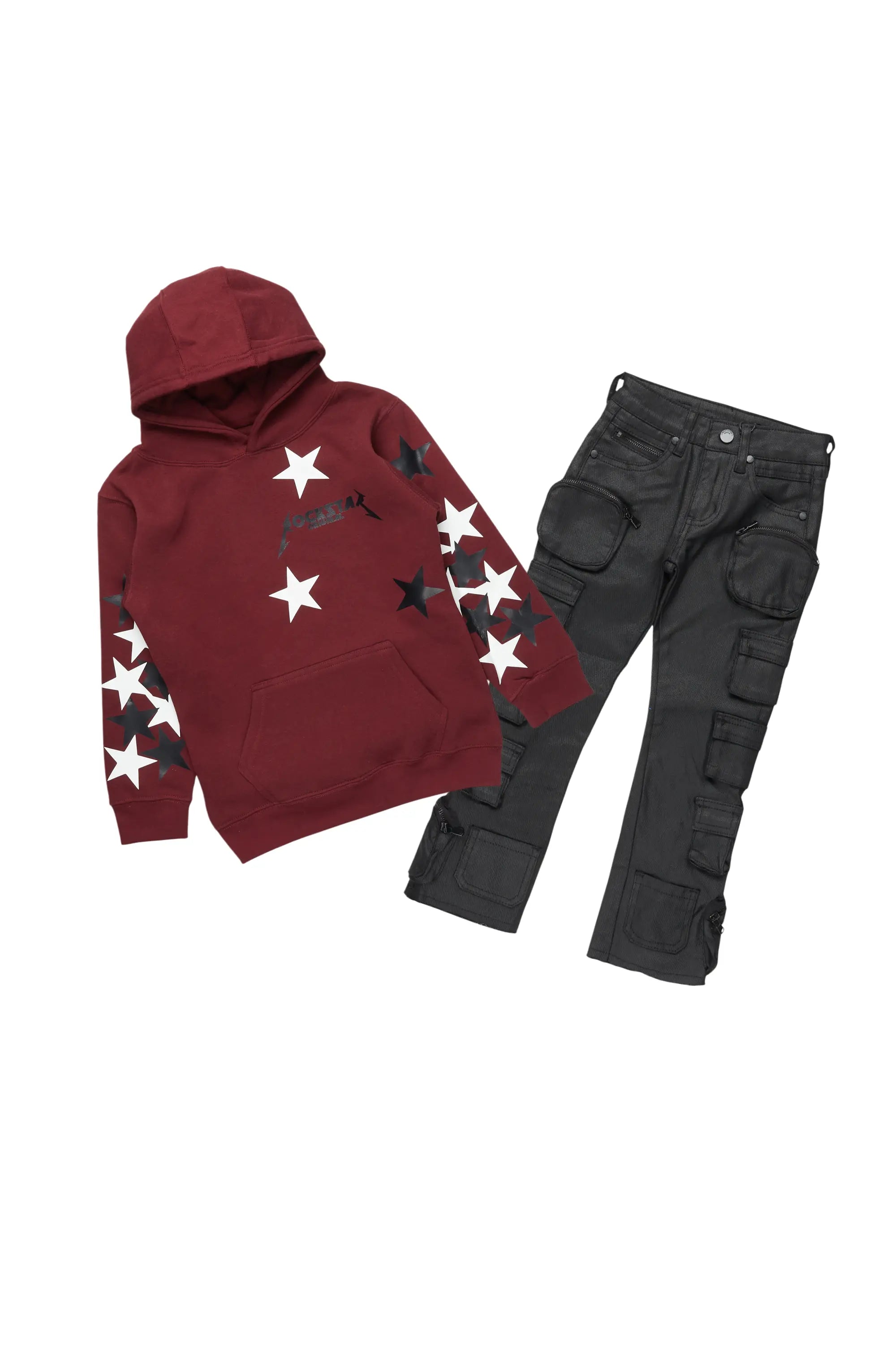 Boys Gardy Maroon Hoodie/Stacked Flare Jean Set