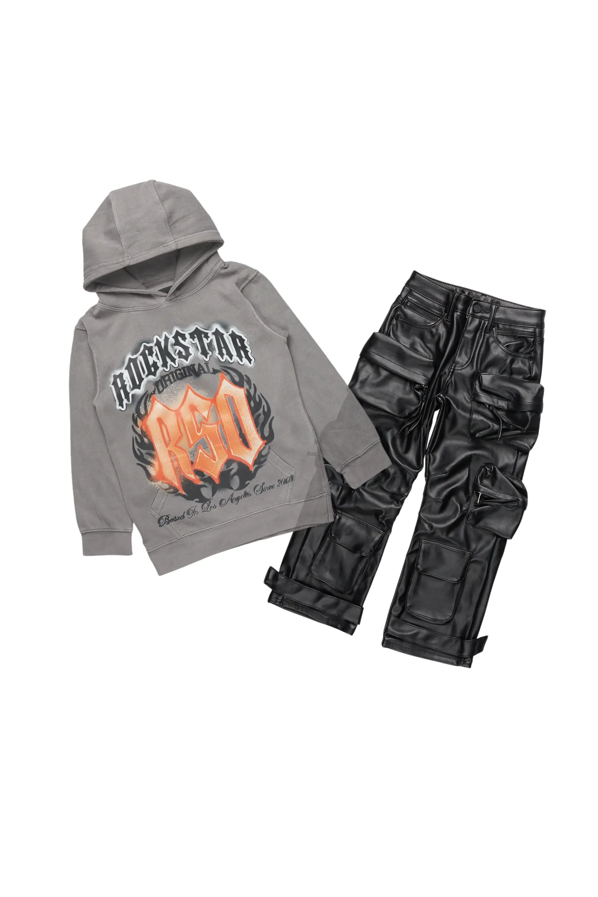 Boys Cadiz Vintage Grey Hoodie/Baggy Fit PU Jean Set