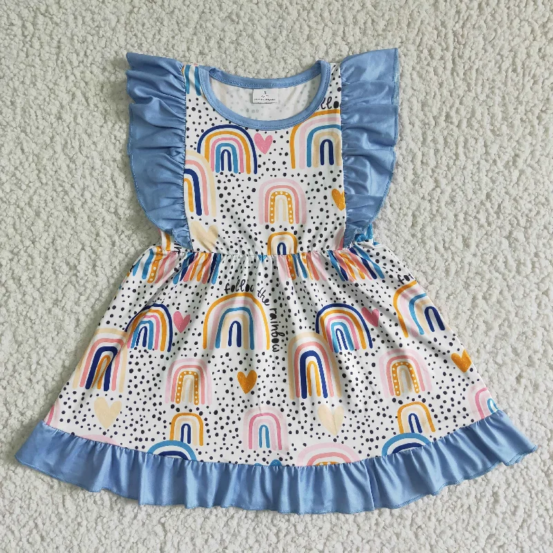 GSD0016 Blue Rainbow Love Heart Girls Flutter Sleeve Dresses