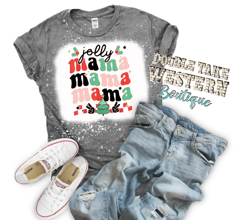 Jolly Mama Mama Mama Christmas Bleached Graphic T-Shirt