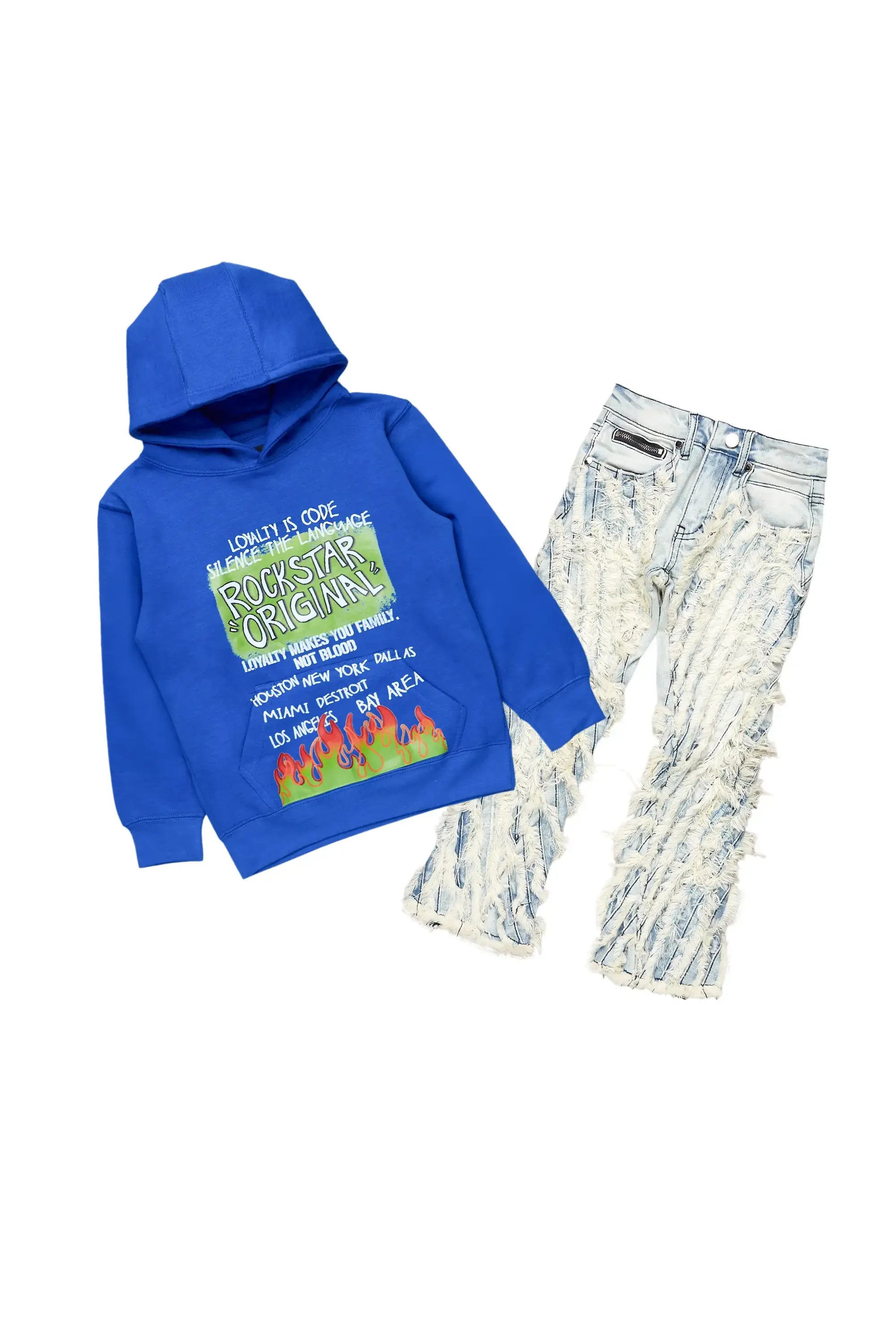 Boys Beno Blue Hoodie/Stacked Flare Jean Set