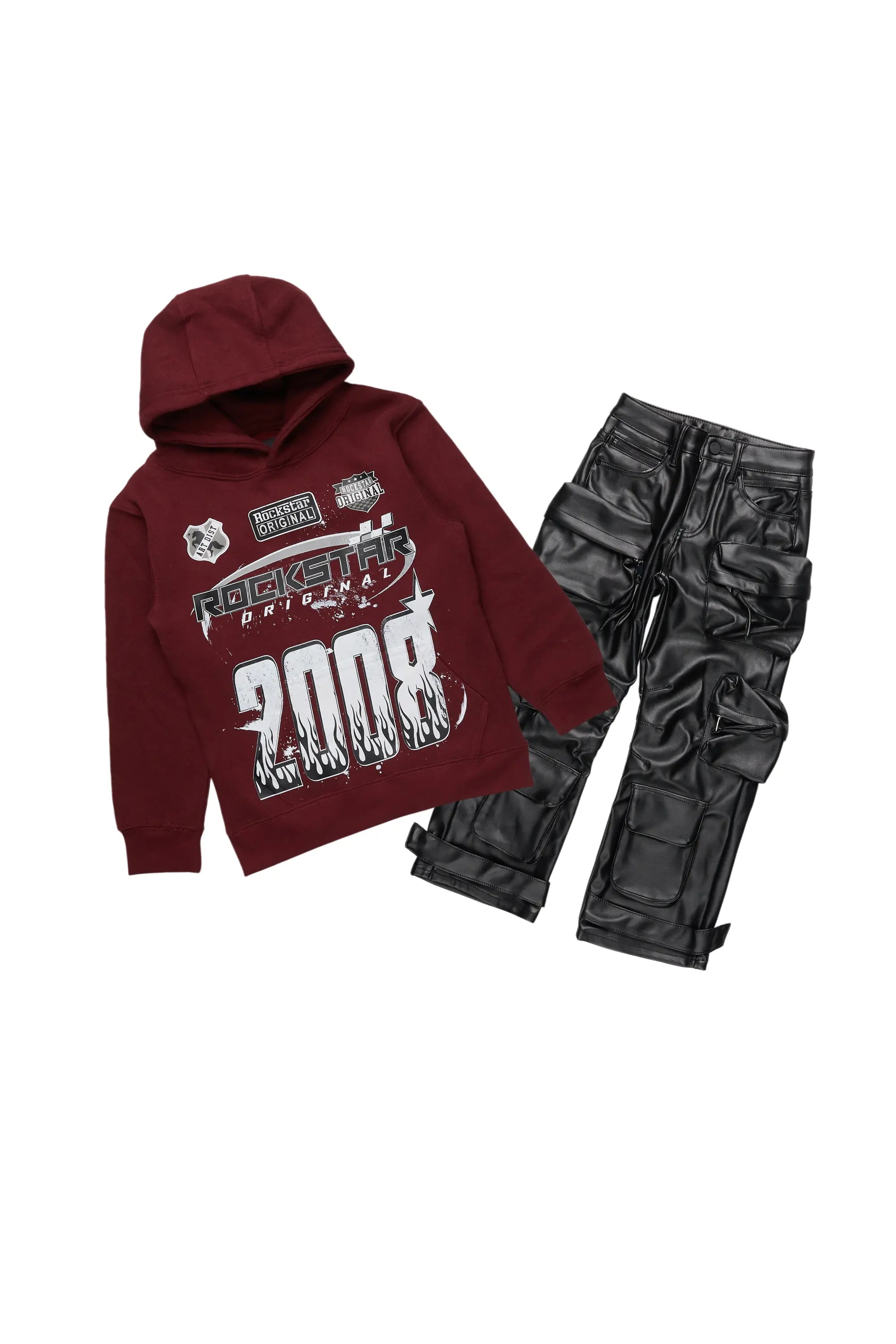 Boys Callan Maroon Hoodie/Baggy Fit PU Jean Set