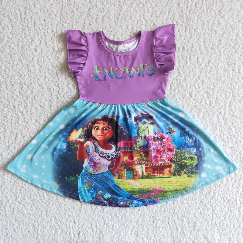 promotion GSD0014 RTS Purple Princess Cartoon Girls Flutter Sleeve Dresses