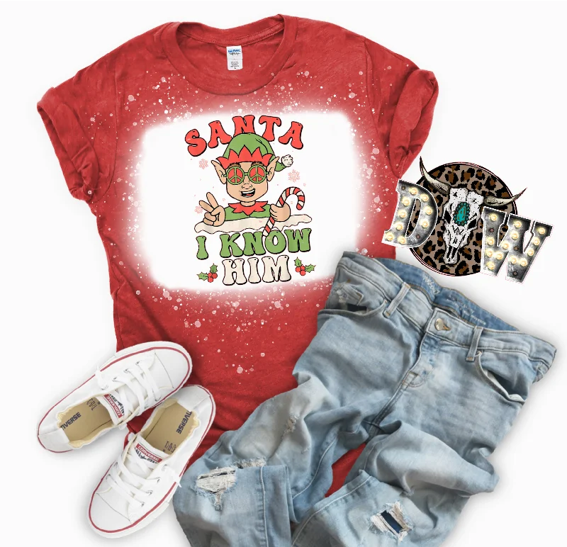 Santa I know Him Retro elf Christmas Bleached Graphic T-Shirt