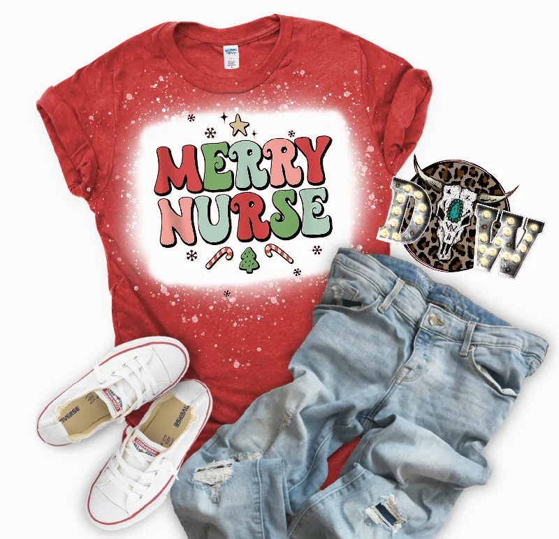 Merry Nurse Christmas Bleached Graphic T-Shirt