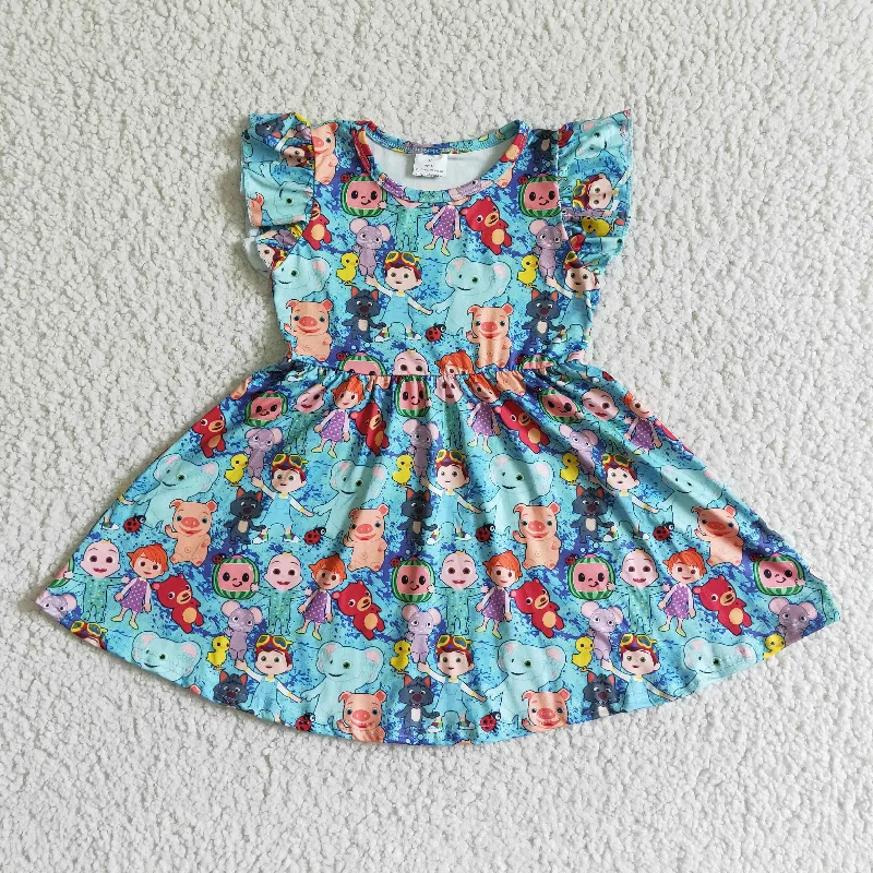 Clearance B14-11 Blue Cartoon Girls Flutter Sleeve Dresses