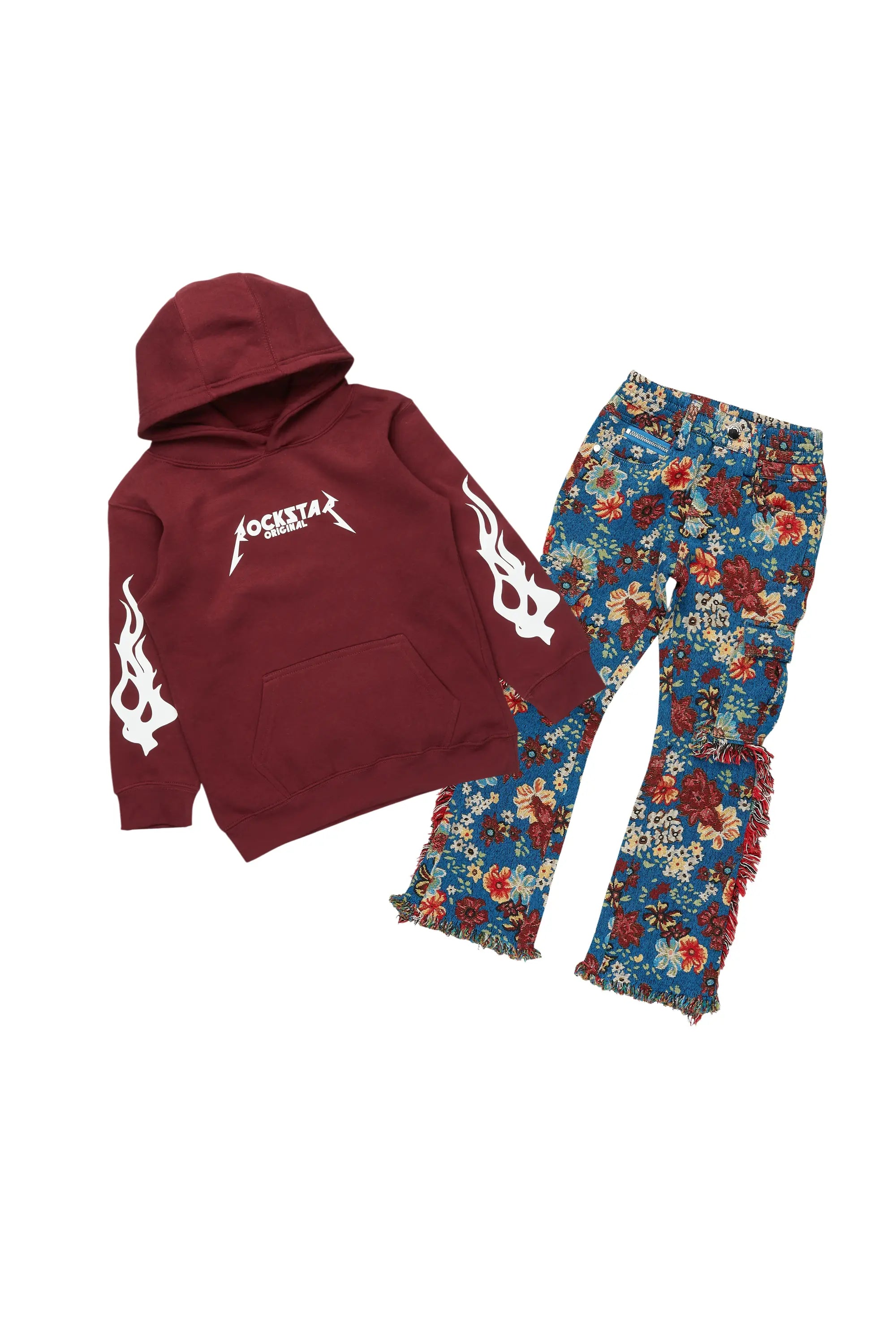 Boys Flavio Maroon Hoodie/Stacked Flare Jean Set