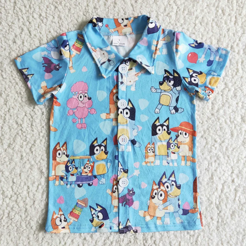 B14-27 Blue Cartoon Dog Short Sleeve Top Boys Collar Shirts