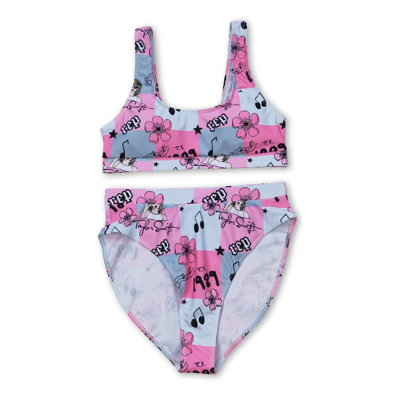 Pink plaid floral singer adult women summer swimsuit