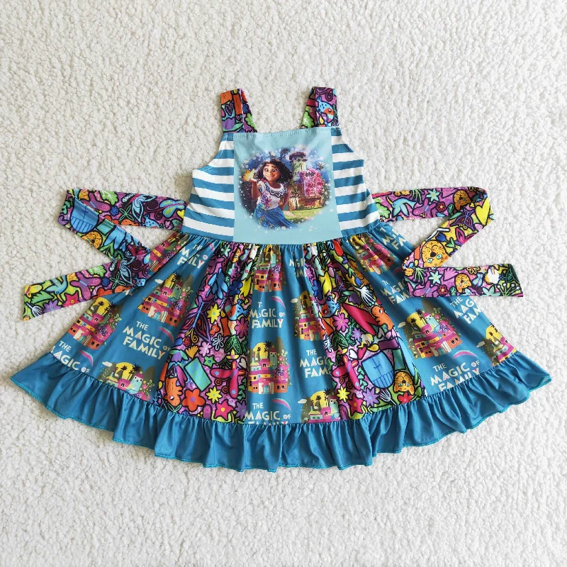 Clearance GSD0017 Blue Princess Cartoon Girls Belt Patchwork Sleeveless Dresses