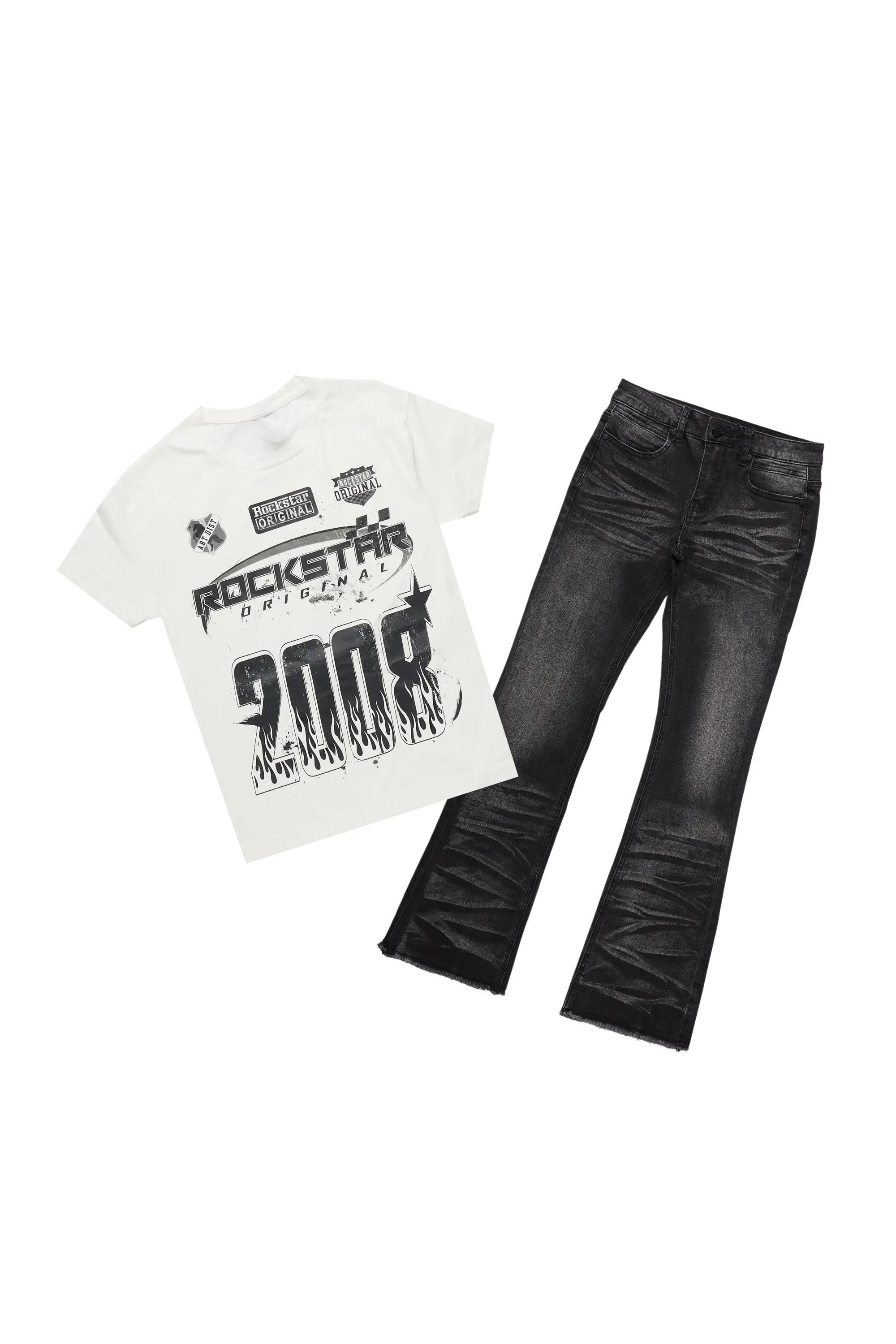 Boys Amos White T-Shirt/Stacked Flare Jean Set