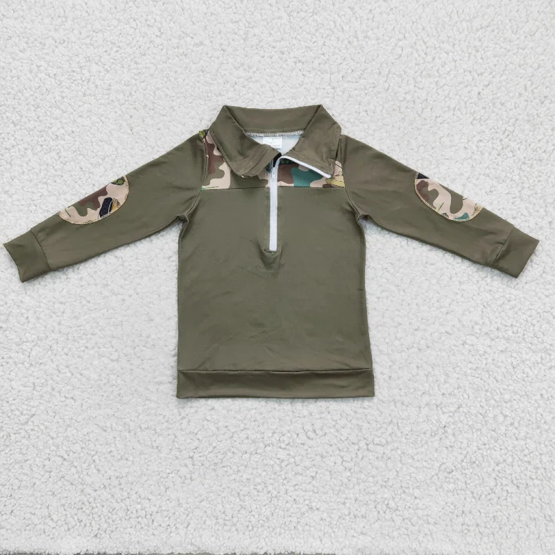 promotion BT0098 Green Camo  Boys Long Sleeve Top Collar Polo Pullover T-Shirts