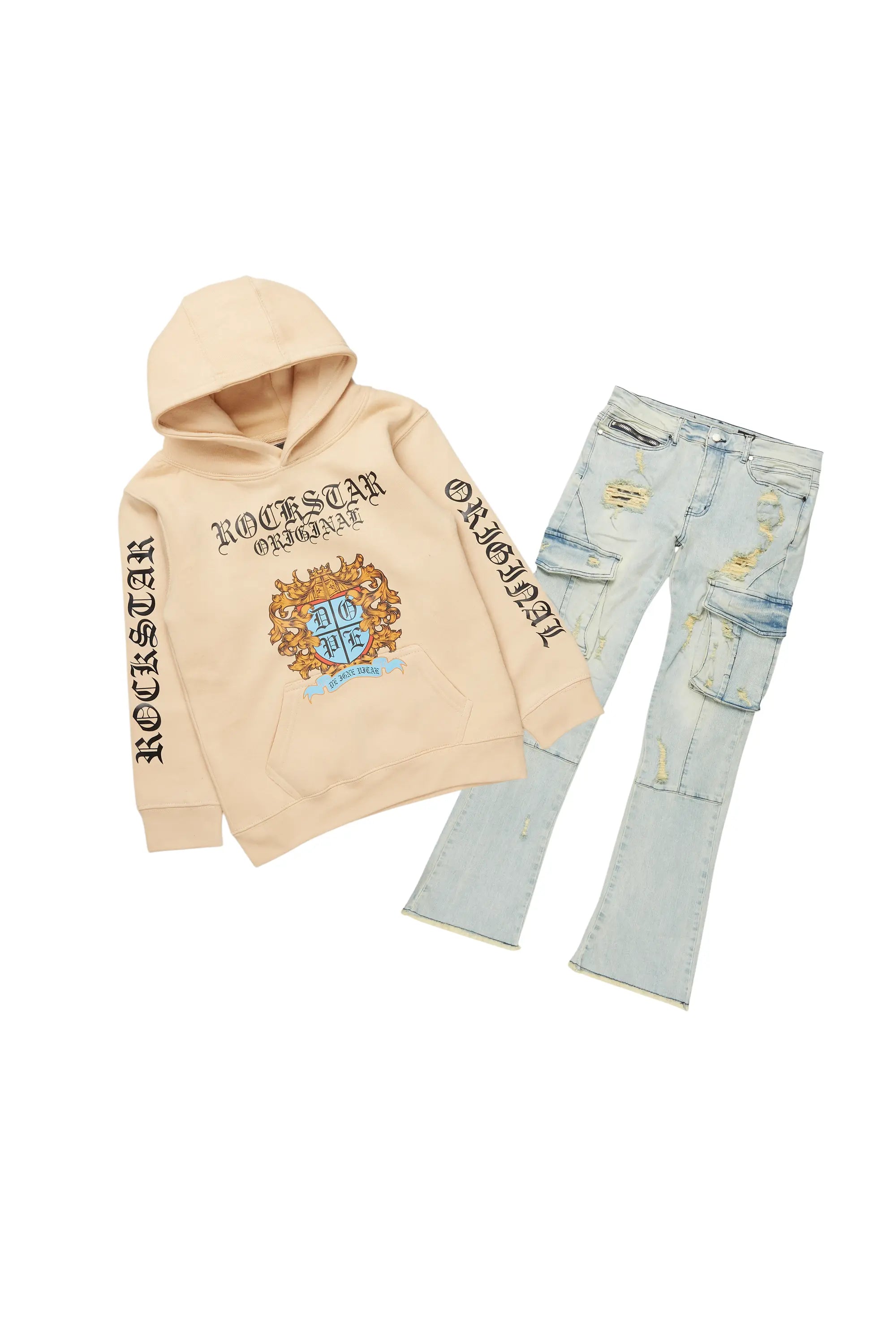 Boys Ceron Vintage Beige Hoodie/Stacked Flare Jean Set