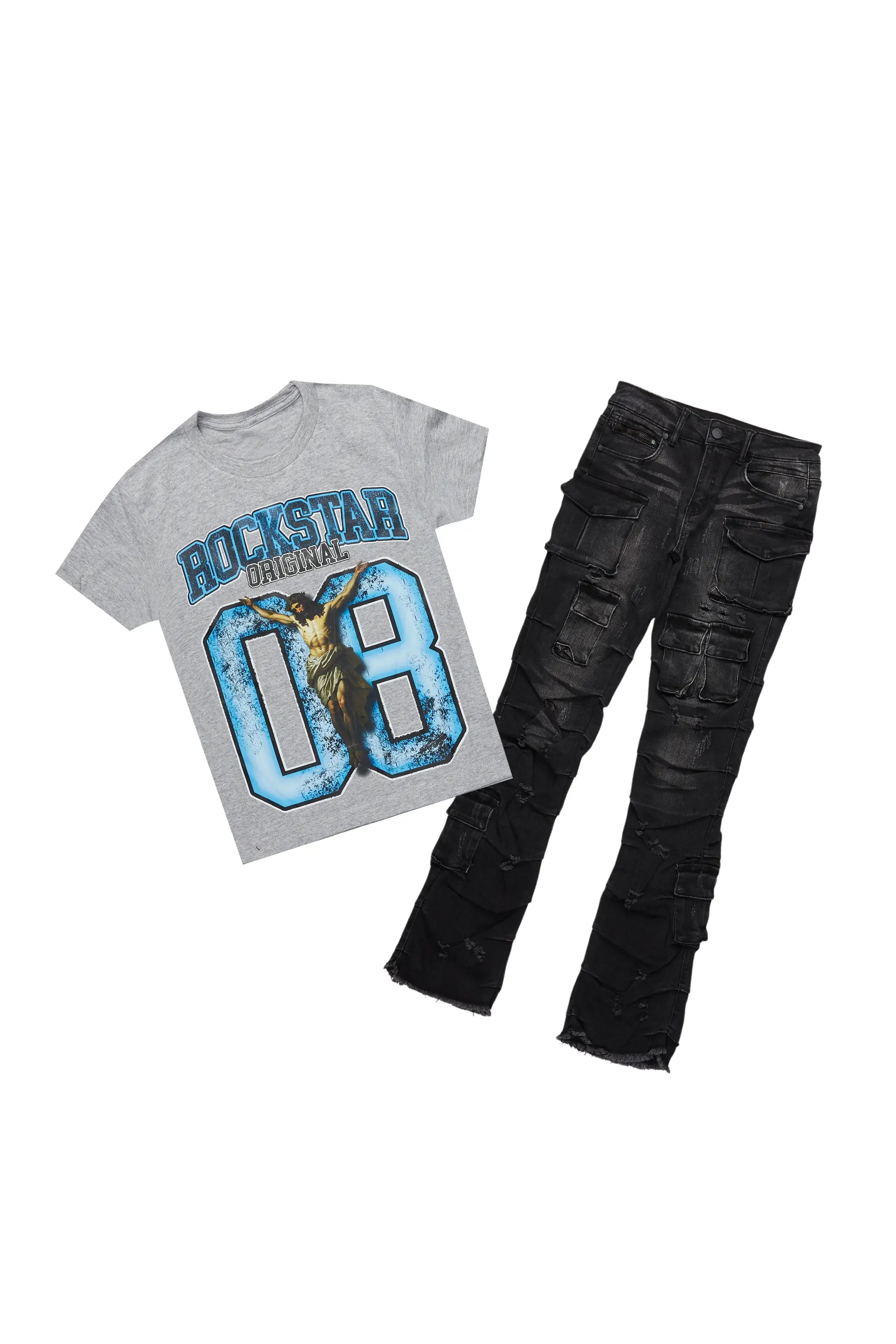 Boys Fields Grey/Blue T-Shirt/Stacked Flare Jean Set