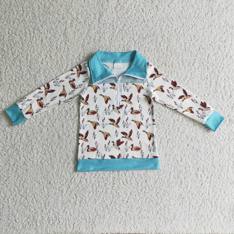 BT0095 Blue Red Bird Duck Boys Long Sleeve Top Collar Polo Pullover T-Shirts