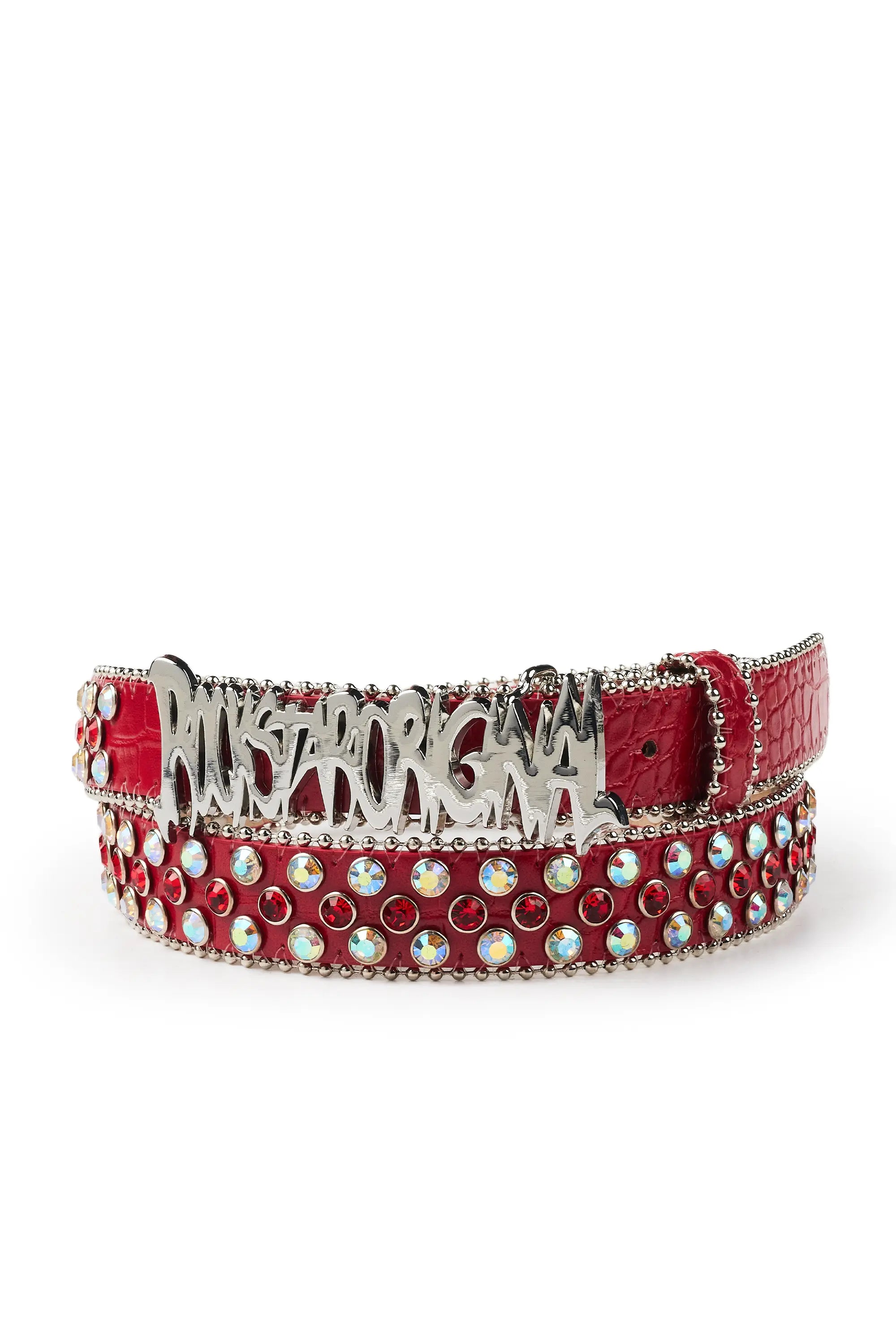 Tedros Rhinestone Red Rockstar Logo Narrow Belt