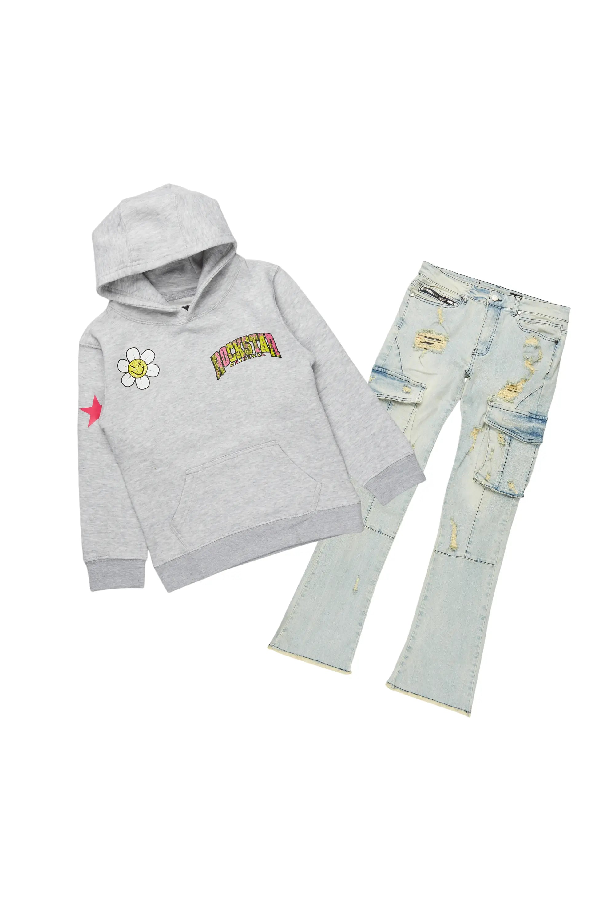 Girls Basira Heather Grey Hoodie/Stacked Flare Jean Set