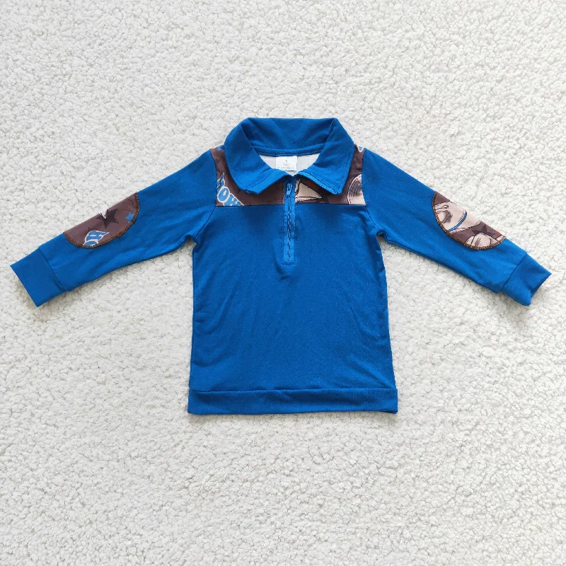 promotion BT0101 Blue Howdy Hat Cowboy Western Boys Long Sleeve Top Collar Polo Pullover T-Shirts