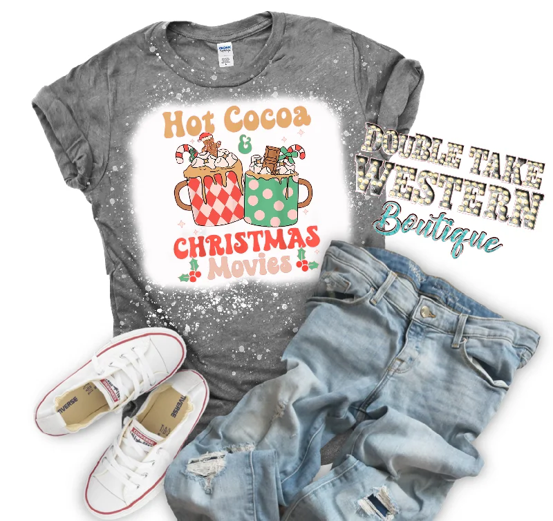 Hot Cocoa and Christmas Movies Christmas Bleached Graphic T-Shirt