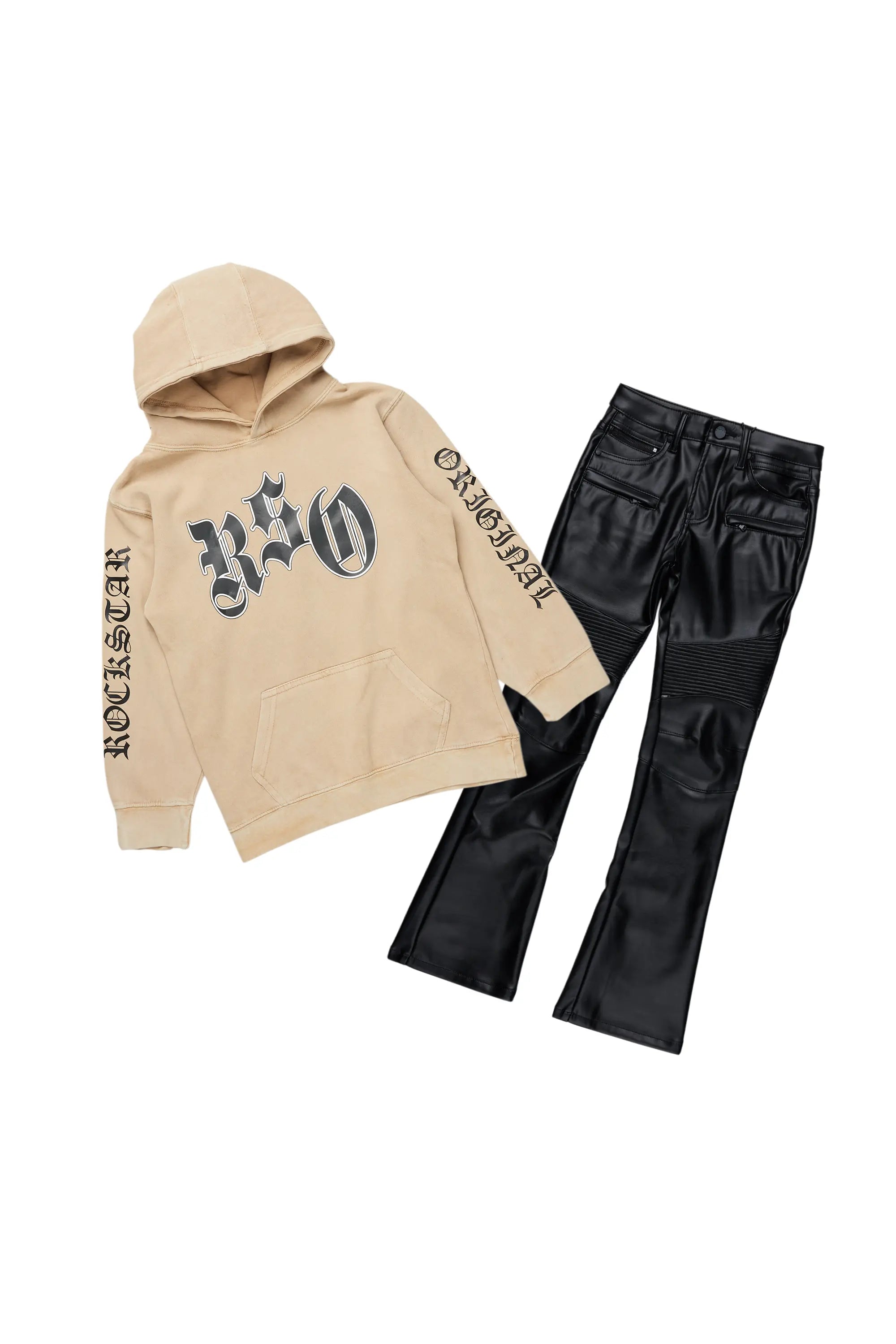 Boys Caston Vintage Beige Hoodie/Stacked PU Jean Set