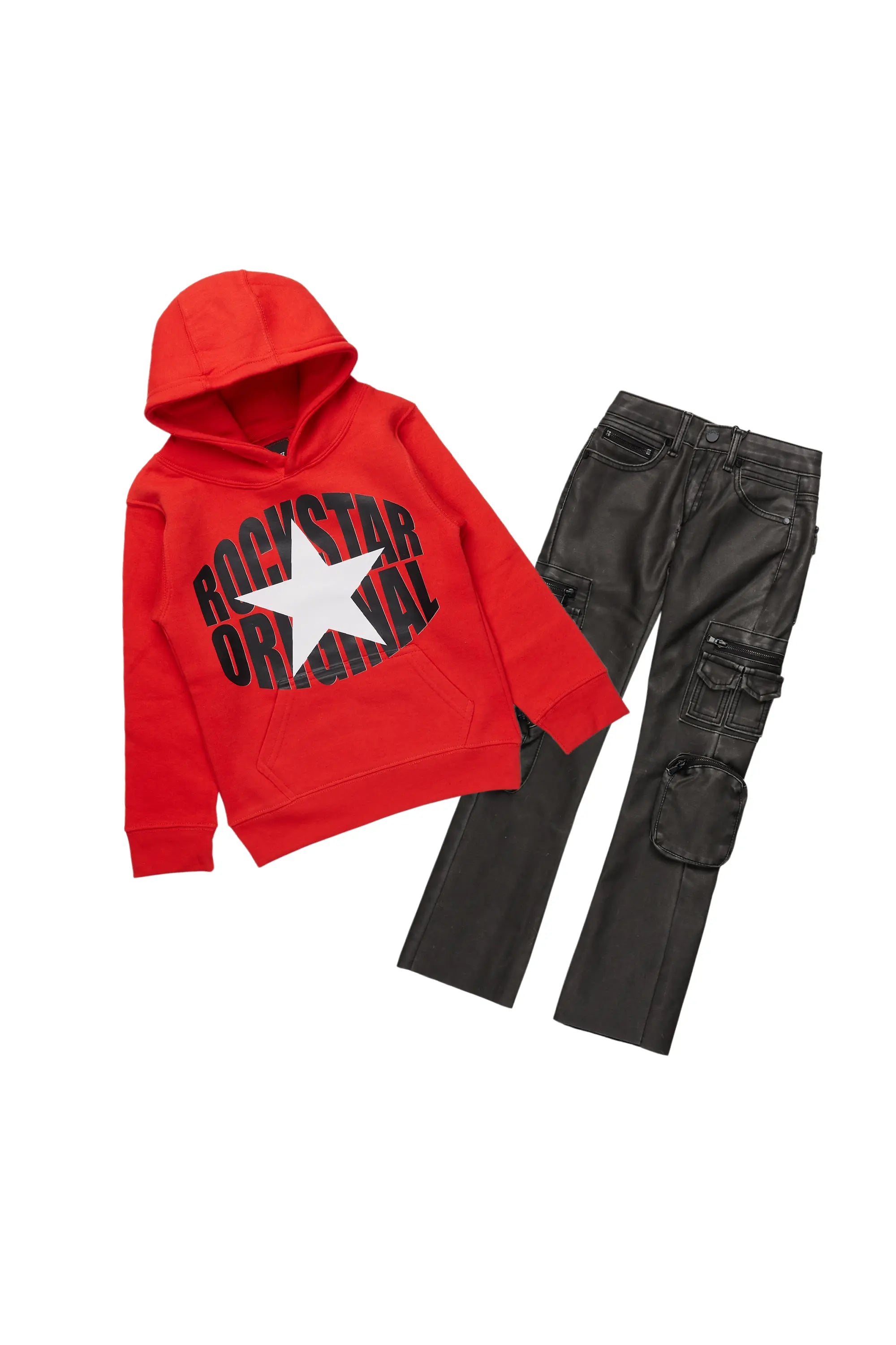 Boys Camber Red Hoodie/Stacked Flare PU Jean Set